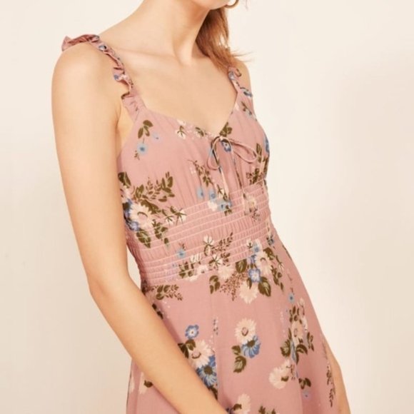 Reformation Elyse Floral Mauve Smocked Sleeveless Mini Dress - Size 8 - Picture 4 of 11